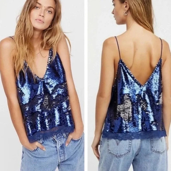 Free People Blue Sequin Tank Lace Trim Cami Small. Bloggers Favorite Q 0505 - Picture 1 of 9